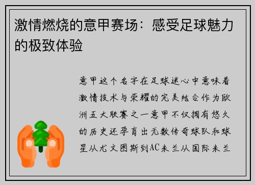 激情燃烧的意甲赛场：感受足球魅力的极致体验
