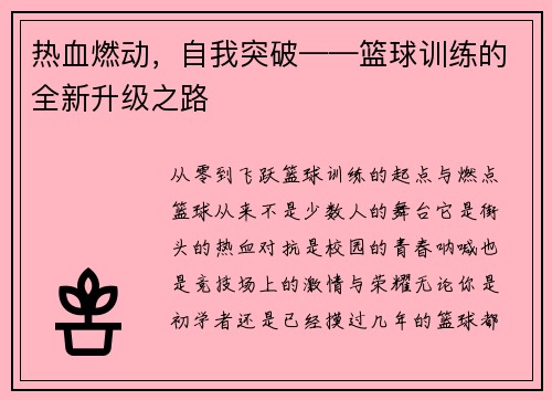 热血燃动，自我突破——篮球训练的全新升级之路